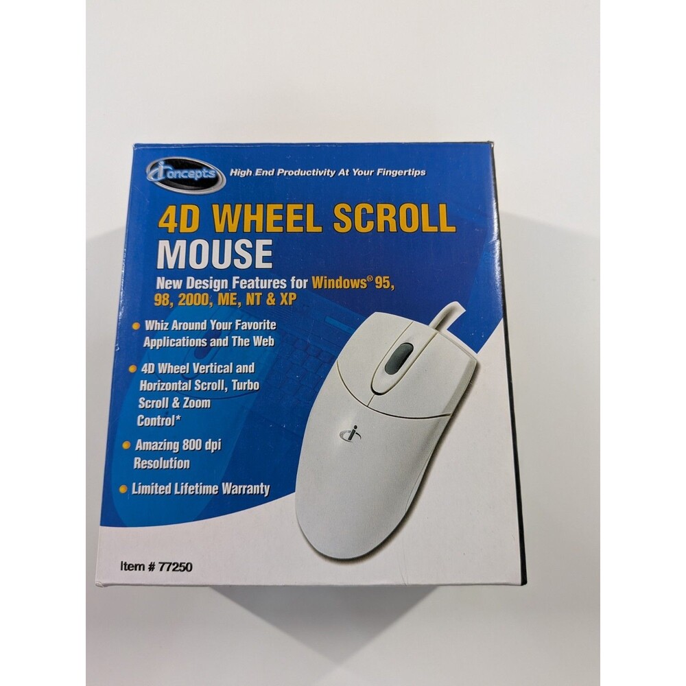 iConcepts 4D Wheel Scroll Mouse 77250 Vintage Windows 95 98 2000 ME NT XP Boxed